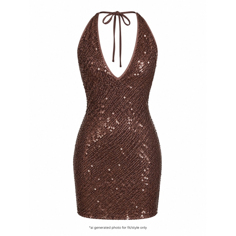 Olia Brown Sequin Halter Mini Dress Bodycon Party Club Cocktail Women's XS